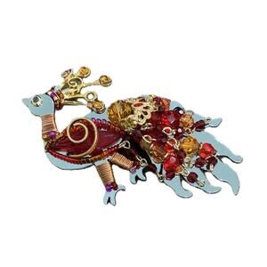 Liztech Peacock Brooch Red & Gold w/ Mirrored Chrome, Glass Beads Signed